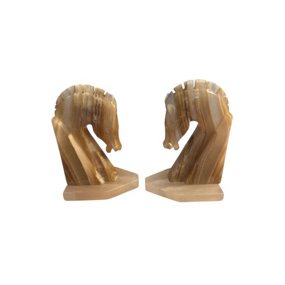 Pair Set 2 Onyx Alabaster Carved Stone Horse Bookends Book Ends Library Decor - Picture 4 of 7
